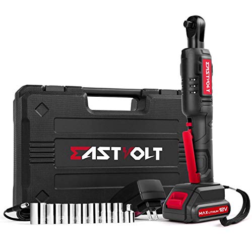 Eastvolt 12V Cordless Electric Ratchet Wrench Set, 3/8 Inch 35 Ft-lbs Power Wrench Tool Kit with Fast Charger, 2.0Ah Lithium-Ion Battery, 7-Pieces 3/8 Inch Metric Sockets and 1/4" Adaptor, Black + Red