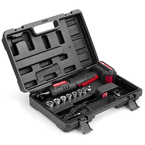 Eastvolt 12V Cordless Electric Ratchet Wrench Set, 3/8 Inch 35 Ft-lbs Power Wrench Tool Kit with Fast Charger, 2.0Ah Lithium-Ion Battery, 7-Pieces 3/8 Inch Metric Sockets and 1/4" Adaptor, Black + Red