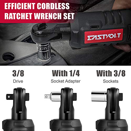 Eastvolt 12V Cordless Electric Ratchet Wrench Set, 3/8 Inch 35 Ft-lbs Power Wrench Tool Kit with Fast Charger, 2.0Ah Lithium-Ion Battery, 7-Pieces 3/8 Inch Metric Sockets and 1/4" Adaptor, Black + Red