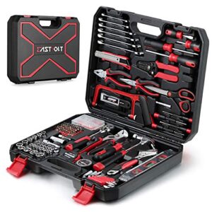 eastvolt 218-piece household tool kit, auto repair tool set, tool kits for homeowner, plier, screwdriver set, socket kit and toolbox storage case,black + red