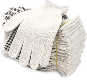 evridwear cotton polyester string knit shell safety protection work gloves for painter mechanic industrial warehouse gardening construction men & women 12 pairs, with one side dots, l size