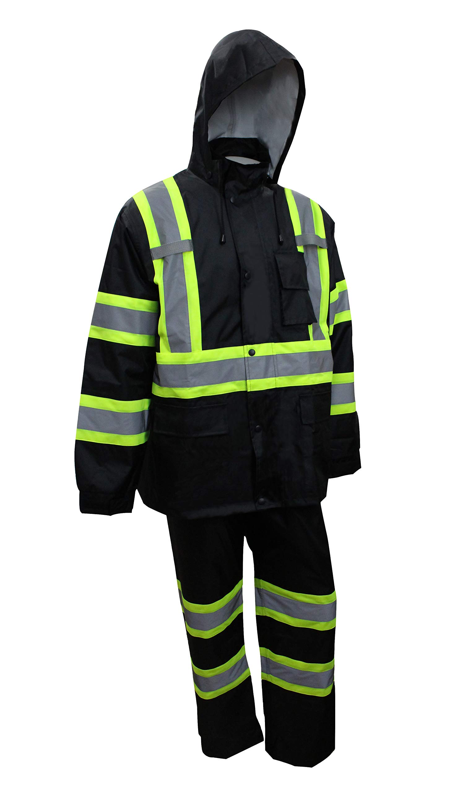 RK Safety TBK66 Class 3 Rain suit, Jacket, Pants High Visibility Reflective Black Bottom with X Pattern(Large, Black)