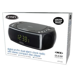Jensen Modern Home CD Tabletop Stereo Clock Digital AM/FM Radio CD Player Dual Alarm Clock Stereo CD Top-Loading Disc Player | USB Charging Port DV 5V 800mA | Headphone Jack | 0.9 Display Green LED