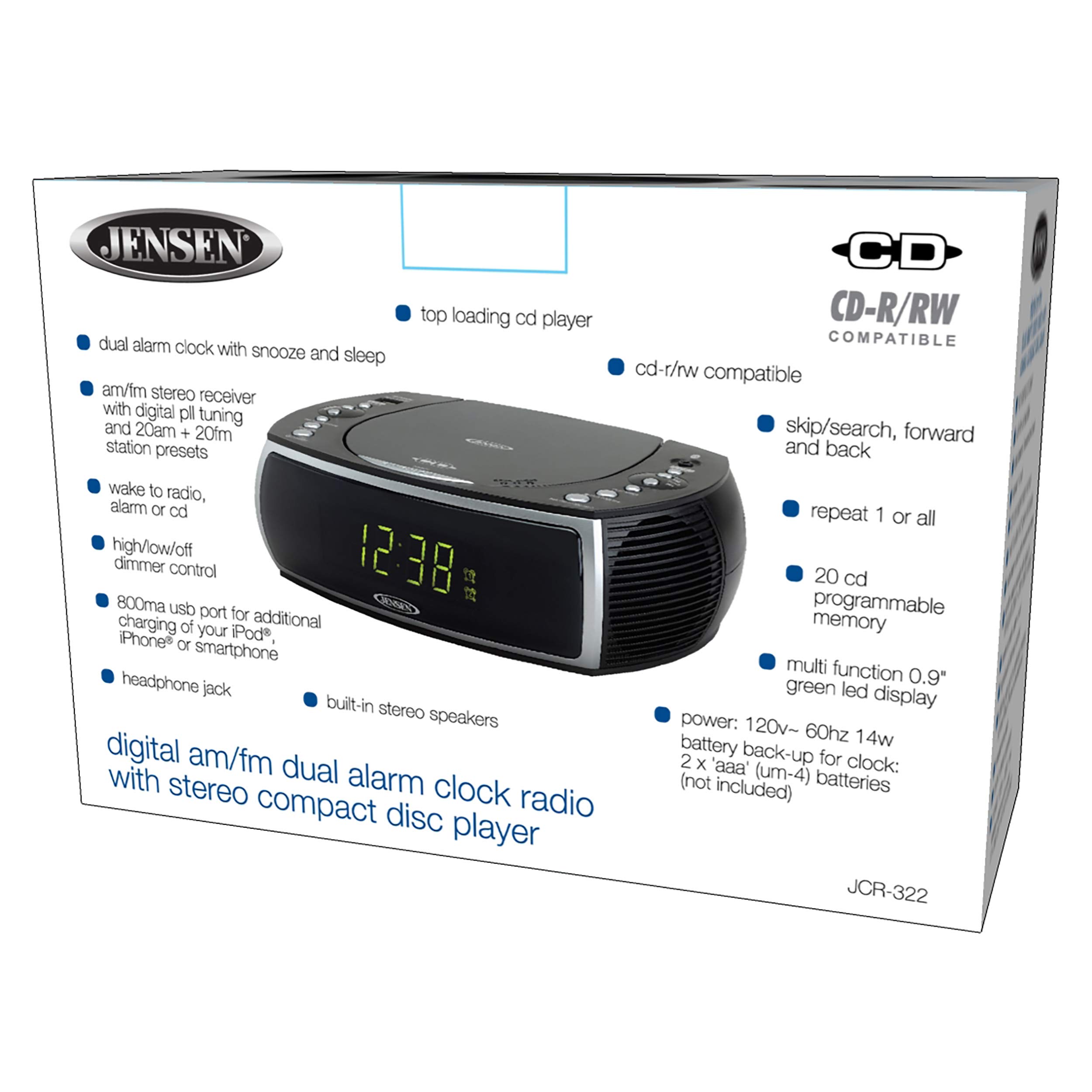 Jensen Modern Home CD Tabletop Stereo Clock Digital AM/FM Radio CD Player Dual Alarm Clock Stereo CD Top-Loading Disc Player | USB Charging Port DV 5V 800mA | Headphone Jack | 0.9 Display Green LED