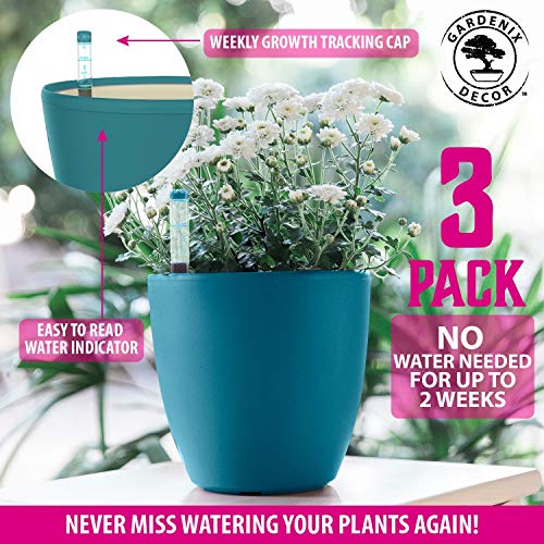 GARDENIX DECOR 7'' Self Watering planters for Indoor Plants - Flower Pot with Water Level Indicator for Plants, Grow Tracking Tool - Self Watering Planter Plant Pot - Coco Coir - Teal 3 Pack