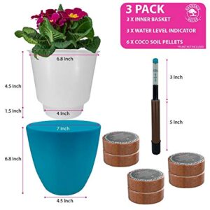 GARDENIX DECOR 7'' Self Watering planters for Indoor Plants - Flower Pot with Water Level Indicator for Plants, Grow Tracking Tool - Self Watering Planter Plant Pot - Coco Coir - Teal 3 Pack