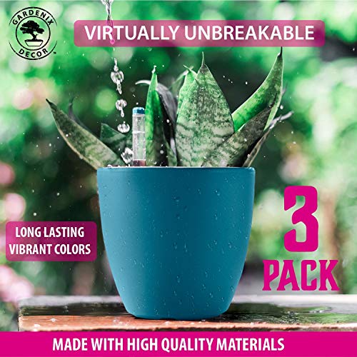 GARDENIX DECOR 7'' Self Watering planters for Indoor Plants - Flower Pot with Water Level Indicator for Plants, Grow Tracking Tool - Self Watering Planter Plant Pot - Coco Coir - Teal 3 Pack