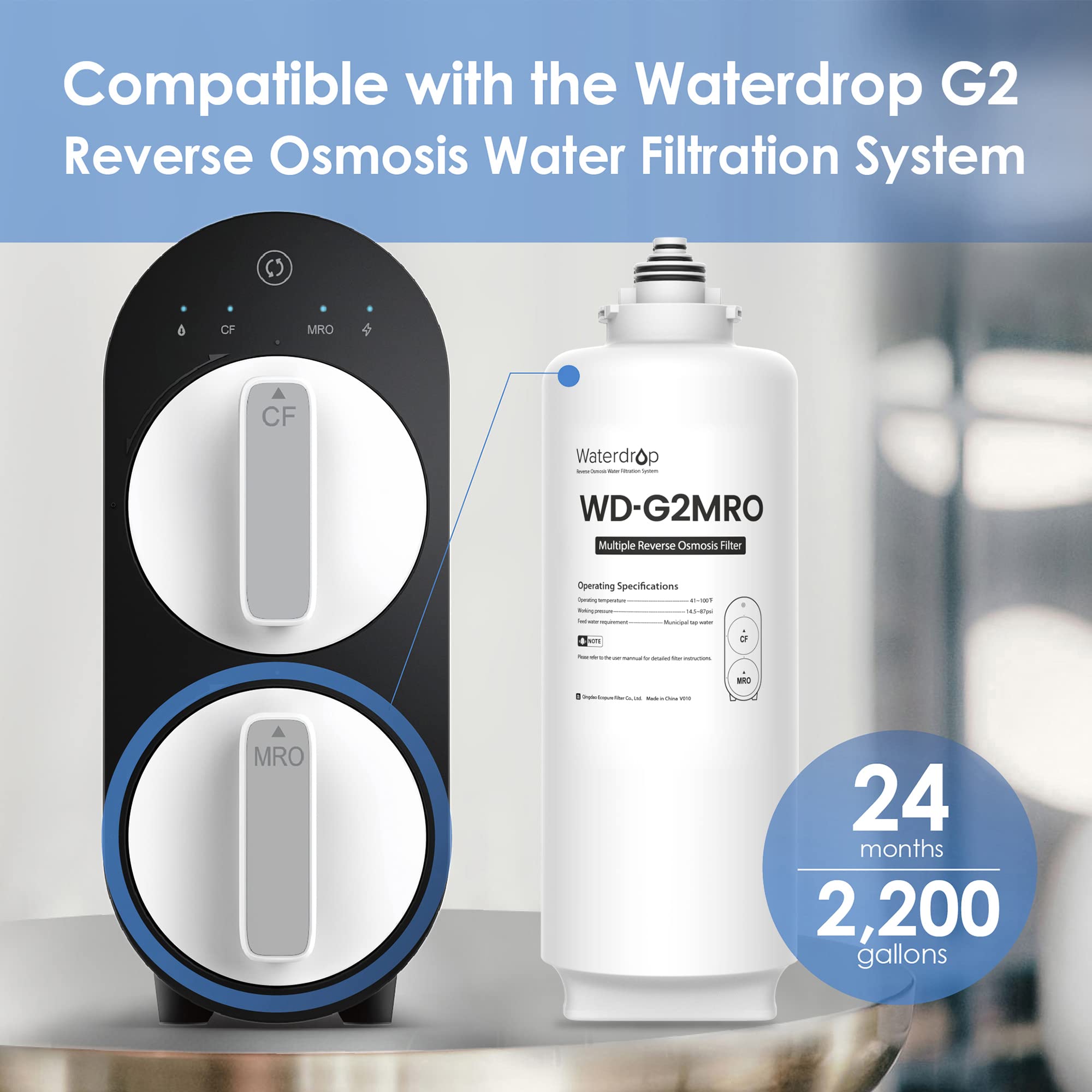 Waterdrop WD-G2MRO Filter, Replacement for WD-G2-W, WD-G2-B Reverse Osmosis System, 2-year Lifetime, Reduce PFAS