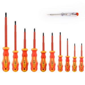 gunpla 11 pieces vde insulated screwdriver set, 1000v with black tip magnetic, tpr handle electrician soft-grip slotted phillips and pozi tools with safety tester for electrician repair