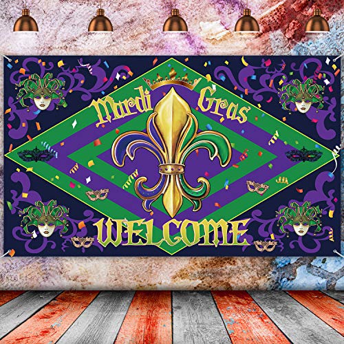 Mardi Gras Backdrop Banner Mardi Gras Party Decorations Extra Large Photo Booth Background Masquerade Party Banner for Mardi Gras Party Supplies, 70.8 x 43.3 Inch