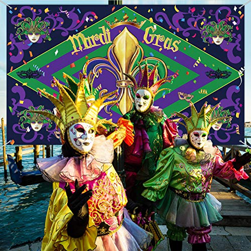 Mardi Gras Backdrop Banner Mardi Gras Party Decorations Extra Large Photo Booth Background Masquerade Party Banner for Mardi Gras Party Supplies, 70.8 x 43.3 Inch