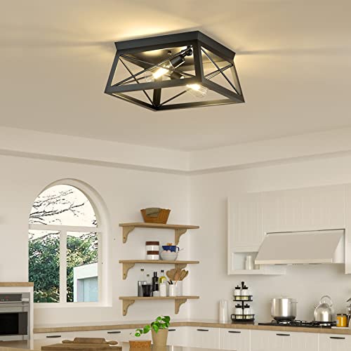 Pynsseu Industrial Ceiling Light, 2 Lights Farmhouse Semi Flush Mount Ceiling Fixture for Kitchen Island Dining Room Bedroom Foyer Hallway, 1 Pack, Black