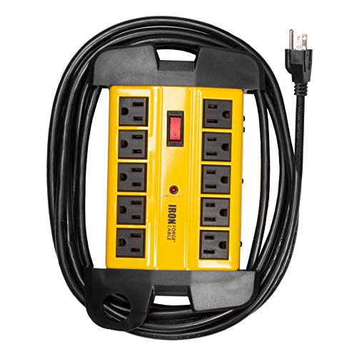 10 Outlet Heavy Duty Surge Protector Power Strip - 14/3 SJT Industrial Black and Yellow Metal Surge Suppressor with 15 Foot Long Extension Cord