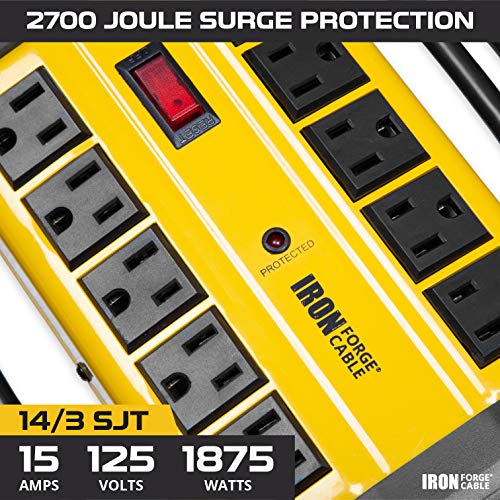 10 Outlet Heavy Duty Surge Protector Power Strip - 14/3 SJT Industrial Black and Yellow Metal Surge Suppressor with 15 Foot Long Extension Cord