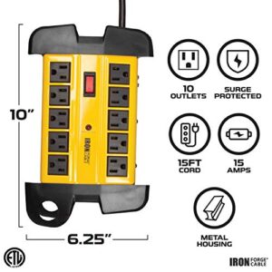 10 Outlet Heavy Duty Surge Protector Power Strip - 14/3 SJT Industrial Black and Yellow Metal Surge Suppressor with 15 Foot Long Extension Cord