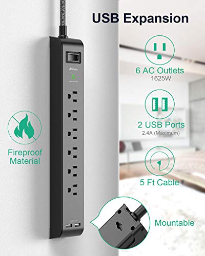 2 Pack Surge Protector Power Strip with 6 Outlets 2 USB Ports 5-Foot Long Heavy-Duty Braided Extension Cords Flat Plug 900 Joules 15A Circuit Breaker Wall Mount for Home Office ETL Listed