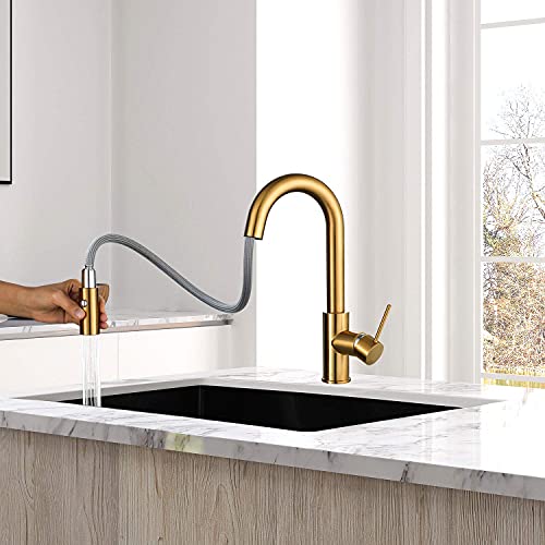 AguaStella AS59BG Brushed Gold Bar Faucet or Prep Kitchen Sink Faucet with Pull Down Sprayer and Single Handle