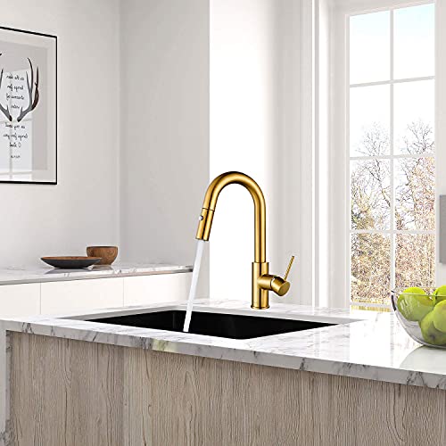 AguaStella AS59BG Brushed Gold Bar Faucet or Prep Kitchen Sink Faucet with Pull Down Sprayer and Single Handle