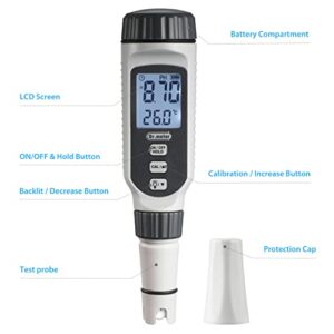 Dr.meter pH Meter, Upgraded 0.01 Resolution High Accuracy PH Tester with Backlit Two-Color LCD Display and ATC, 0-14pH Measurement Range with Data Hold Function Digital pH Tester Pen-PH838