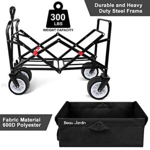 BEAU JARDIN Folding Beach Wagon Cart 330 Pound Capacity Collapsible Utility Camping Grocery Canvas Portable Rolling Outdoor Garden Sports Heavy Duty Shopping Wide All Terrain Wheel Black BG219