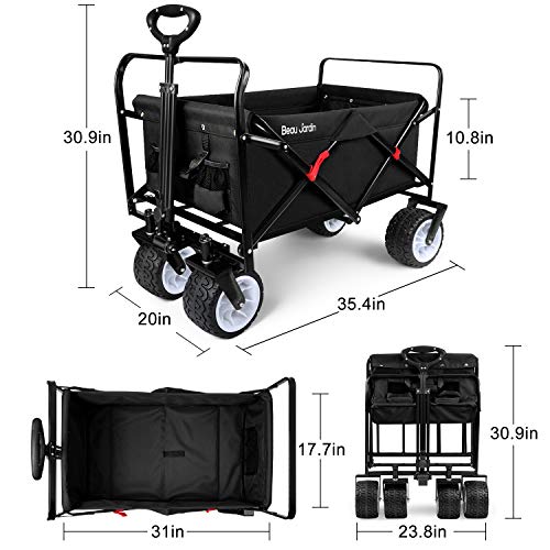 BEAU JARDIN Folding Beach Wagon Cart 330 Pound Capacity Collapsible Utility Camping Grocery Canvas Portable Rolling Outdoor Garden Sports Heavy Duty Shopping Wide All Terrain Wheel Black BG219