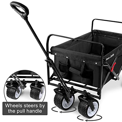 BEAU JARDIN Folding Beach Wagon Cart 330 Pound Capacity Collapsible Utility Camping Grocery Canvas Portable Rolling Outdoor Garden Sports Heavy Duty Shopping Wide All Terrain Wheel Black BG219