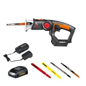 worx 20v cordless reciprocating saw jigsaw wx550l.5 multi-purposed saw w/orbital mode, variable speed, tool-free blade change system, 2.0ah battery & chargre included
