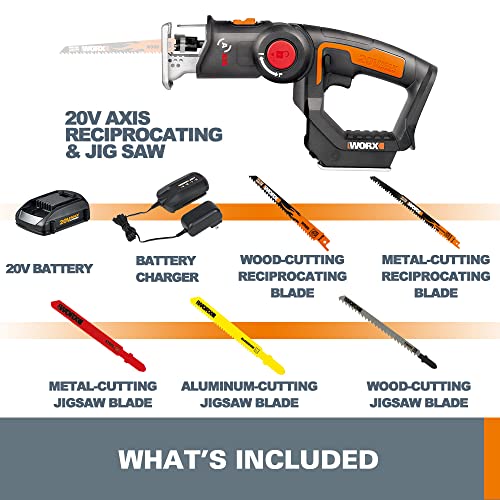 WORX 20V Cordless Reciprocating Saw JigSaw WX550L.5 Multi-purposed saw w/Orbital Mode, Variable Speed, Tool-Free Blade Change System, 2.0Ah Battery & Chargre included