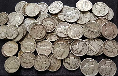 1916 to 1945 PDS Mercury Dimes - Set of 10 Coins - 90% Silver - Some with Mintmarks - Full Date and Rim - Full Liberty - US Mint Graded Fine or Better