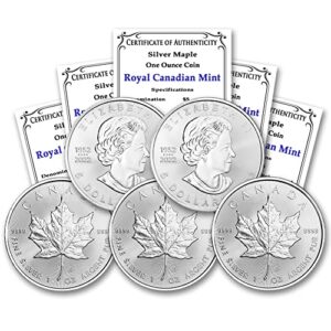 2023 lot of (5) 1 oz canadian maple leaf silver bullion coins brilliant uncirculated with certificates of authenticity $5 bu