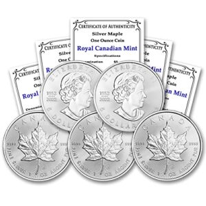 2023 Lot of (5) 1 oz Canadian Maple Leaf Silver Bullion Coins Brilliant Uncirculated with Certificates of Authenticity $5 BU