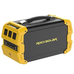 rocksolar rs650 444wh lithium battery, 400w heavy duty ac, usb, dc, and cigarette lighter output solar powered generator, yellow & black
