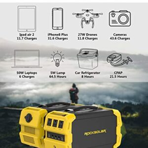 ROCKSOLAR RS650 444Wh Lithium Battery, 400W Heavy Duty AC, USB, DC, and Cigarette Lighter Output Solar Powered Generator, Yellow & Black