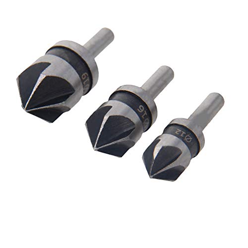 Utoolmart Countersink Drill Bit Set 12mm 16mm 19mm Dia Round Shank 90 Degree 5 Flute Chamfer Tool for Woodworking Carbon Steel 3pcs