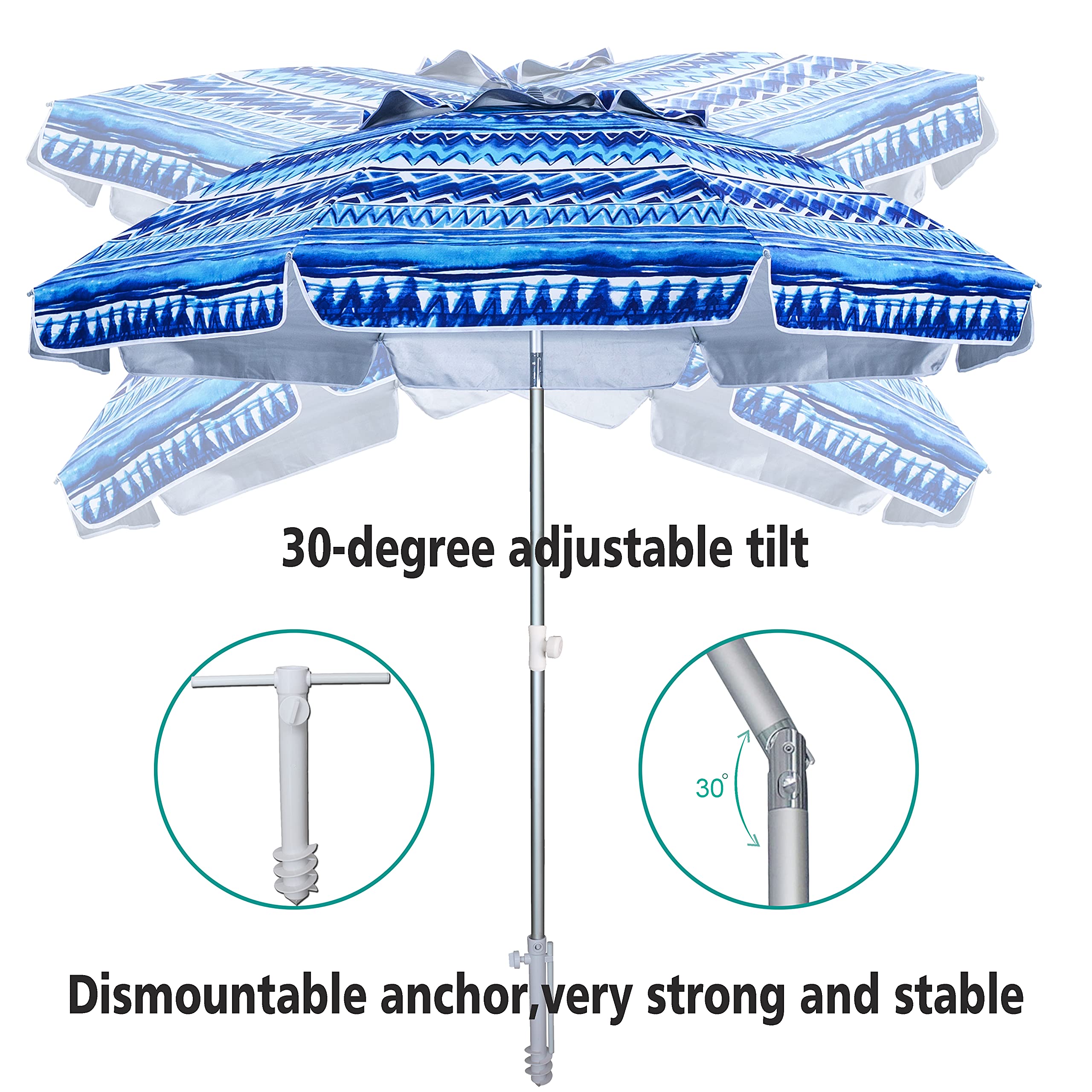 AMMSUN Beach Umbrellas for Sand Heavy Duty Wind Portable, 6.5 ft Beach Umbrella with Sand Anchor & UV Protection, Outdoor Patio Umbrella with Carry Bag for Beach Patio Garden Outdoor, Geometric Blue