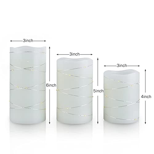 H-BLOSSOM Flickering Flameless Candles Ivory Real Wax Pillar with Embedded String Lights LED Candles Battery Operated with Cycling 5H Timer Set of 3 (3" x 4"/5"/6") (Ivory)