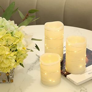 H-BLOSSOM Flickering Flameless Candles Ivory Real Wax Pillar with Embedded String Lights LED Candles Battery Operated with Cycling 5H Timer Set of 3 (3" x 4"/5"/6") (Ivory)