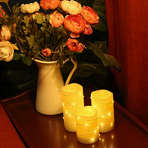 H-BLOSSOM Flickering Flameless Candles Ivory Real Wax Pillar with Embedded String Lights LED Candles Battery Operated with Cycling 5H Timer Set of 3 (3" x 4"/5"/6") (Ivory)