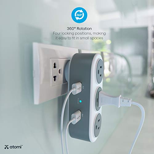 Atomi Rotating Mini Surge Protector - 3-Outlet Surge Protector, Wall Charger, Rotating Power Strip, Outlet Extender, Adapter, 2 USB Charging Ports - White