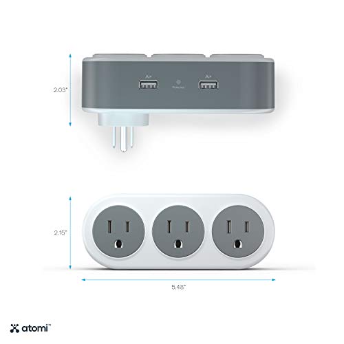 Atomi Rotating Mini Surge Protector - 3-Outlet Surge Protector, Wall Charger, Rotating Power Strip, Outlet Extender, Adapter, 2 USB Charging Ports - White