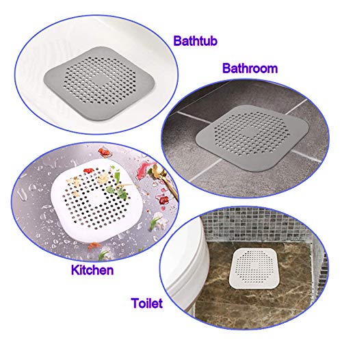 Square Drain Cover for Shower TPR Drain Hair Catcher Flat Silicone Plug for Bathroom and Kitchen Under Sink Filter Shower Drain Protection Flat Strainer Stopper (White&Grey)