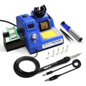 toauto ds90 soldering station-°f & °c dual digital display soldering iron station kit,90w soldering iron,302℉- 842℉ temperature, anti-static & grounding wire, auto standby & sleep,5 solder tips, blue
