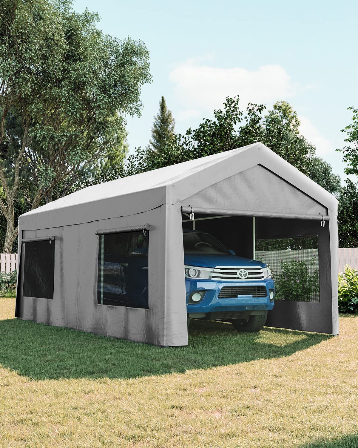 Quictent 13'X20' Heavy Duty Carport Car Canopy Galvanized Car Port Garage Outdoor Carport Canopy Boat Shelter with Reinforced Ground Bars-White