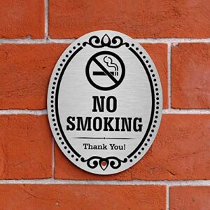 SmartSign Premium No Smoking Thank You Sign for Business & Home, 10 Year Warranty | 4" x 5" Aluminum Metal with Adhesive Backing/Sticker, Peel-Off or Use Pre-Punched Holes, Silver Black