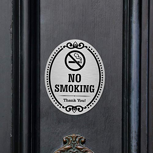 SmartSign Premium No Smoking Thank You Sign for Business & Home, 10 Year Warranty | 4" x 5" Aluminum Metal with Adhesive Backing/Sticker, Peel-Off or Use Pre-Punched Holes, Silver Black