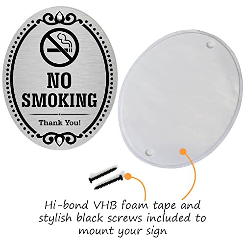 SmartSign Premium No Smoking Thank You Sign for Business & Home, 10 Year Warranty | 4" x 5" Aluminum Metal with Adhesive Backing/Sticker, Peel-Off or Use Pre-Punched Holes, Silver Black