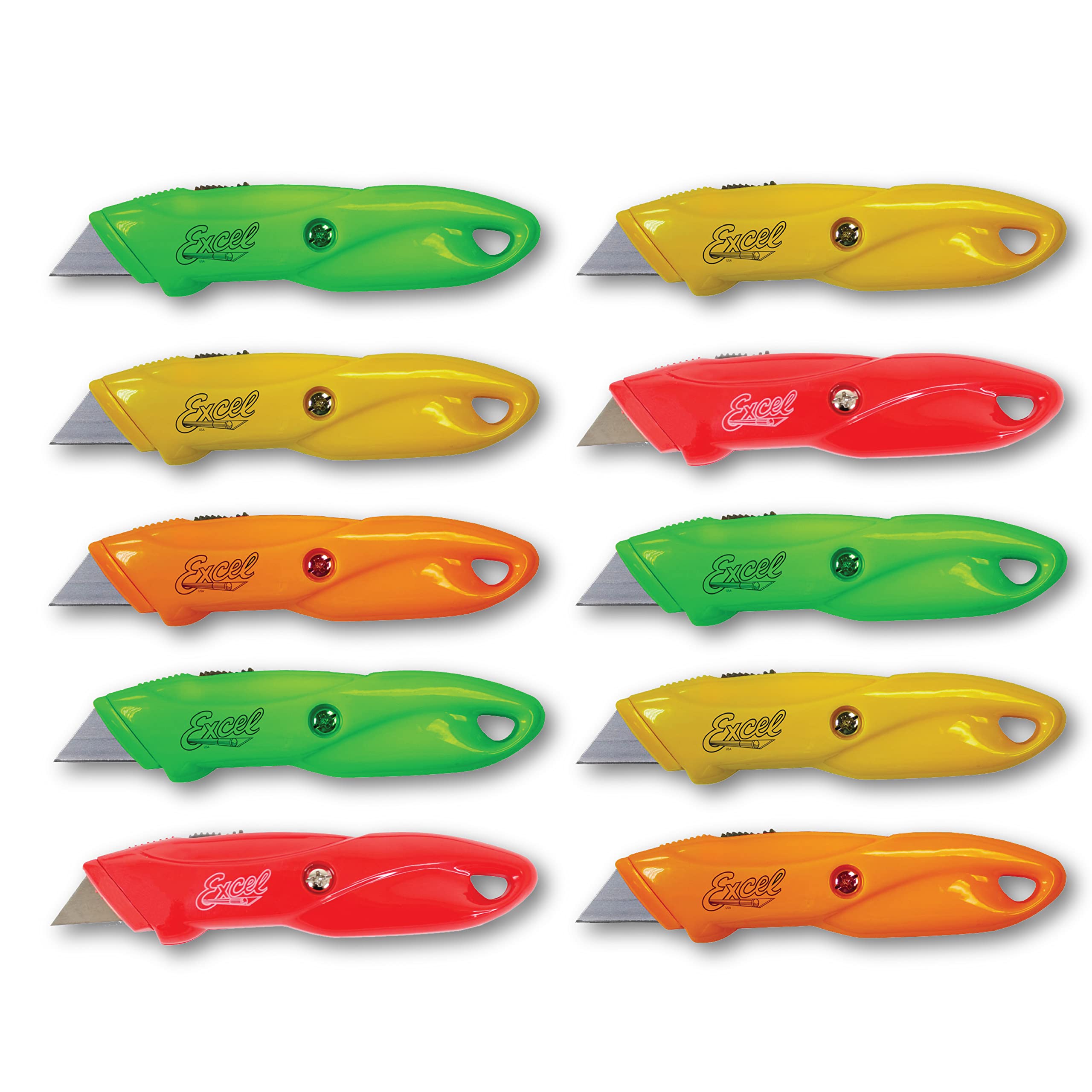 Excel Blade Box Cutters Retractable Pack - 10 Pc Box Cutters Bulk pack - Retracting Box Cutter - Assorted Box Cutters for Cutting Boxes, Cartons, Cardboard and More - Assorted Colors