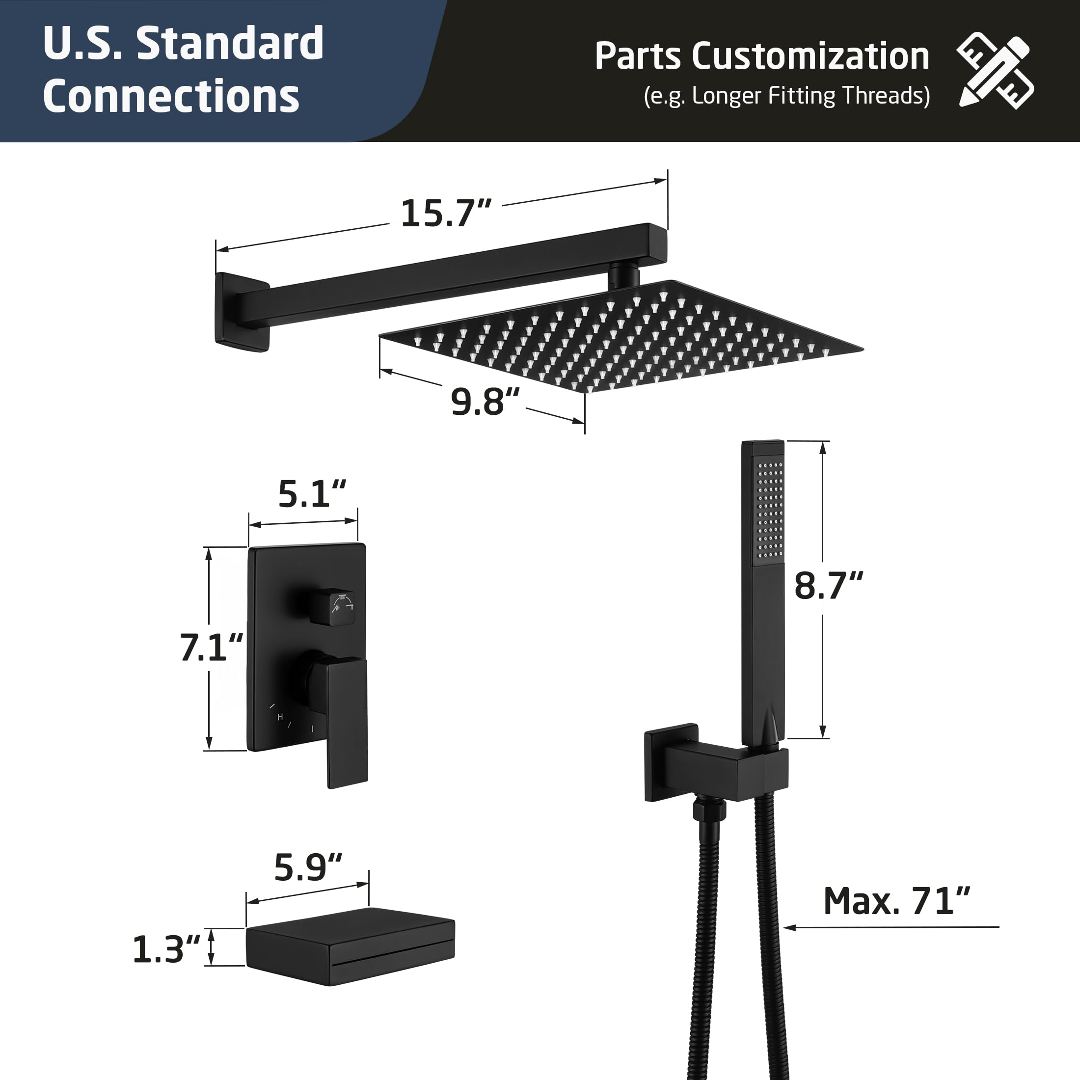 KES Shower System with Tub Spout Bath Shower Faucet Set Complete 10 Inch Rain Shower with Handheld Spray Pressure Balance Black, XB6305-BK