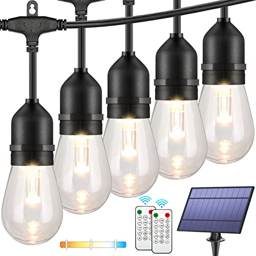 Mlambert 3-Color in 1 Dimmable Solar String Lights Outdoor,48ft LED Patio String Lights with Remotes,15 Hanging Sockets,Waterproof Shatterproof,Warm White Daylight White Lights for Backyard,Garden