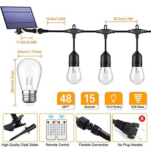 Mlambert 3-Color in 1 Dimmable Solar String Lights Outdoor,48ft LED Patio String Lights with Remotes,15 Hanging Sockets,Waterproof Shatterproof,Warm White Daylight White Lights for Backyard,Garden